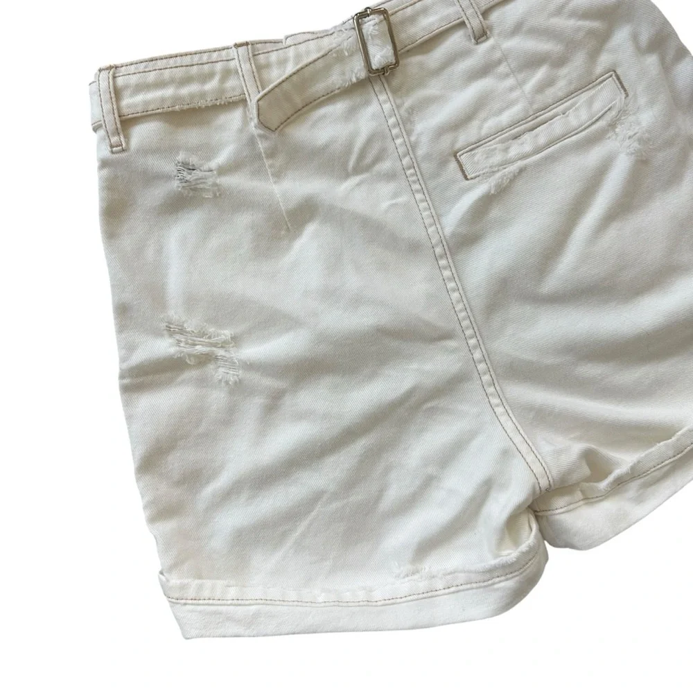 Retrofete Cream Cotton Buckle Back Distressed High Rise Shorts Trixie Size 25
